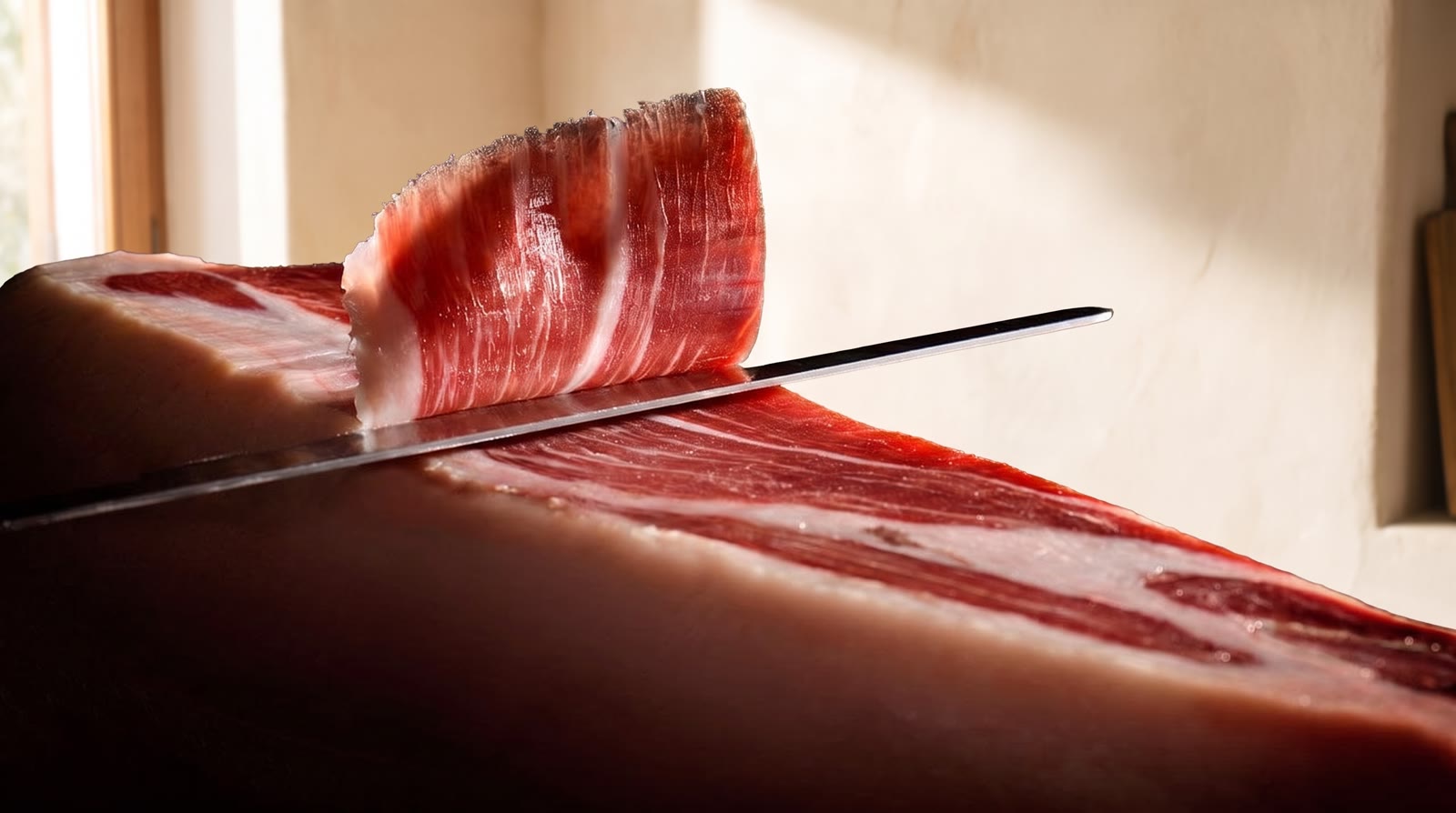 Uma fatia finíssima de presunto ibérico acabada de cortar, erguida sobre a lâmina da faca