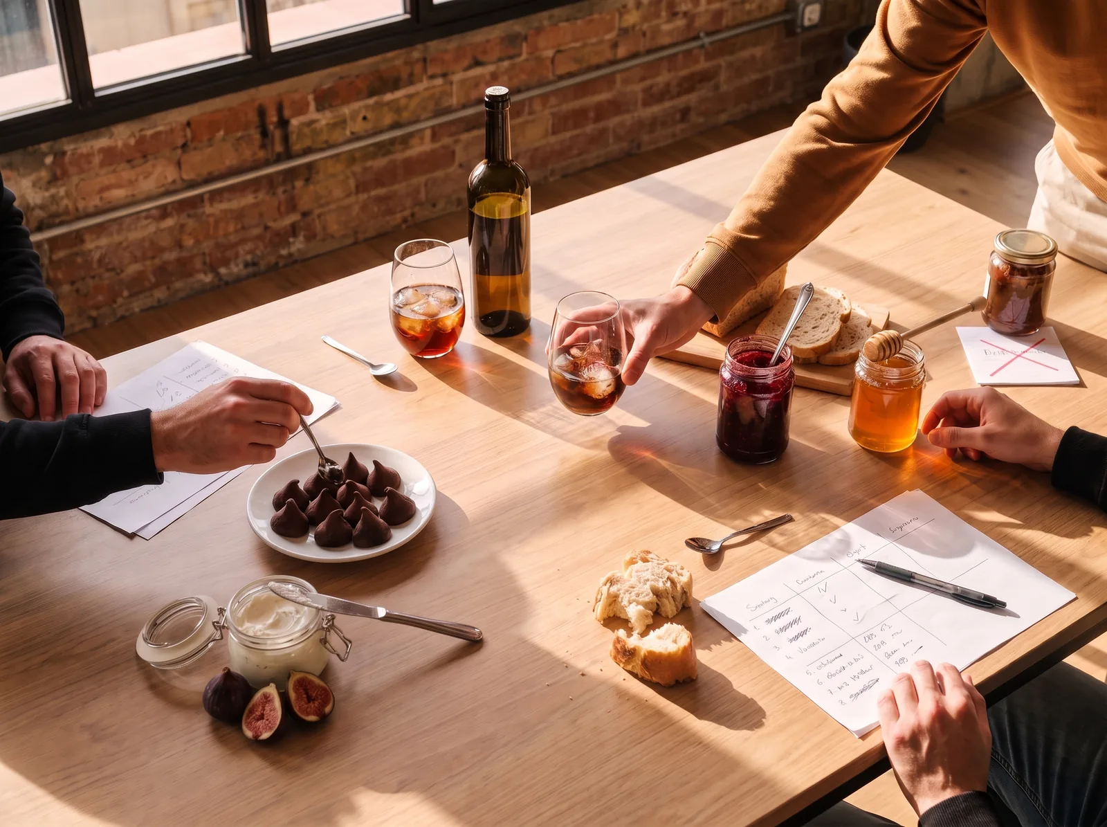 Team tasting table with bread, preserves, figs and product scoring sheets