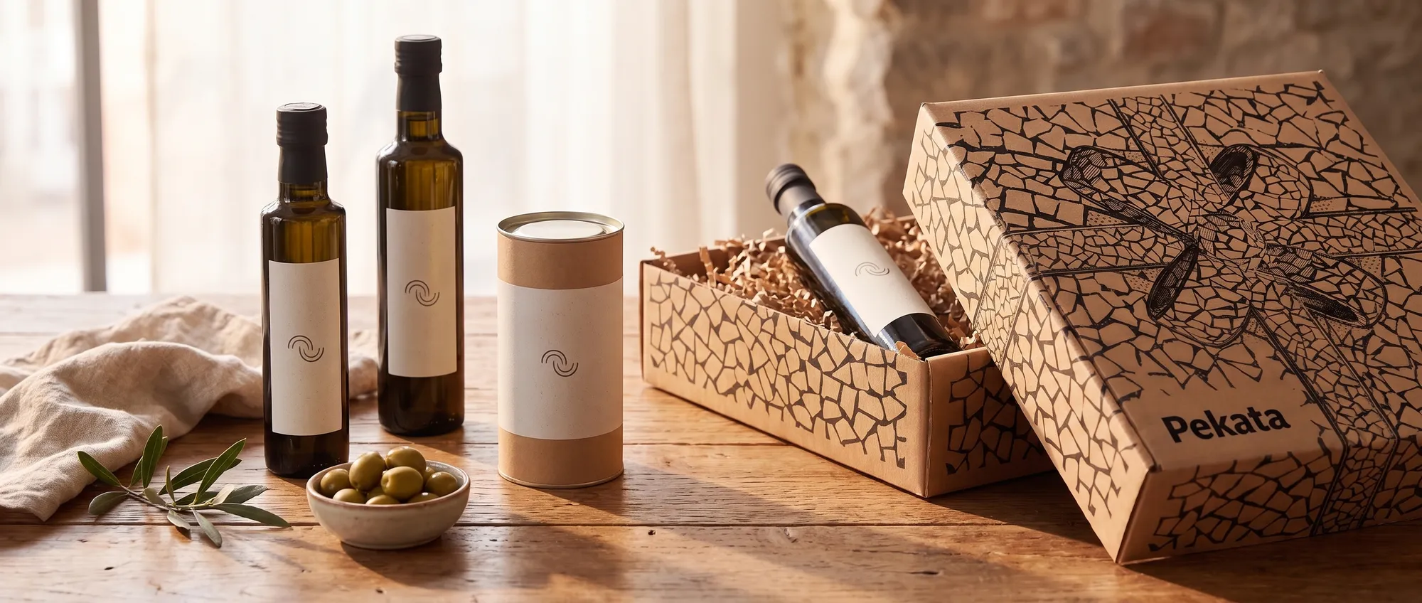 Garrafa de azeite de oliva virgem extra com etiqueta personalizada com o logotipo de uma empresa