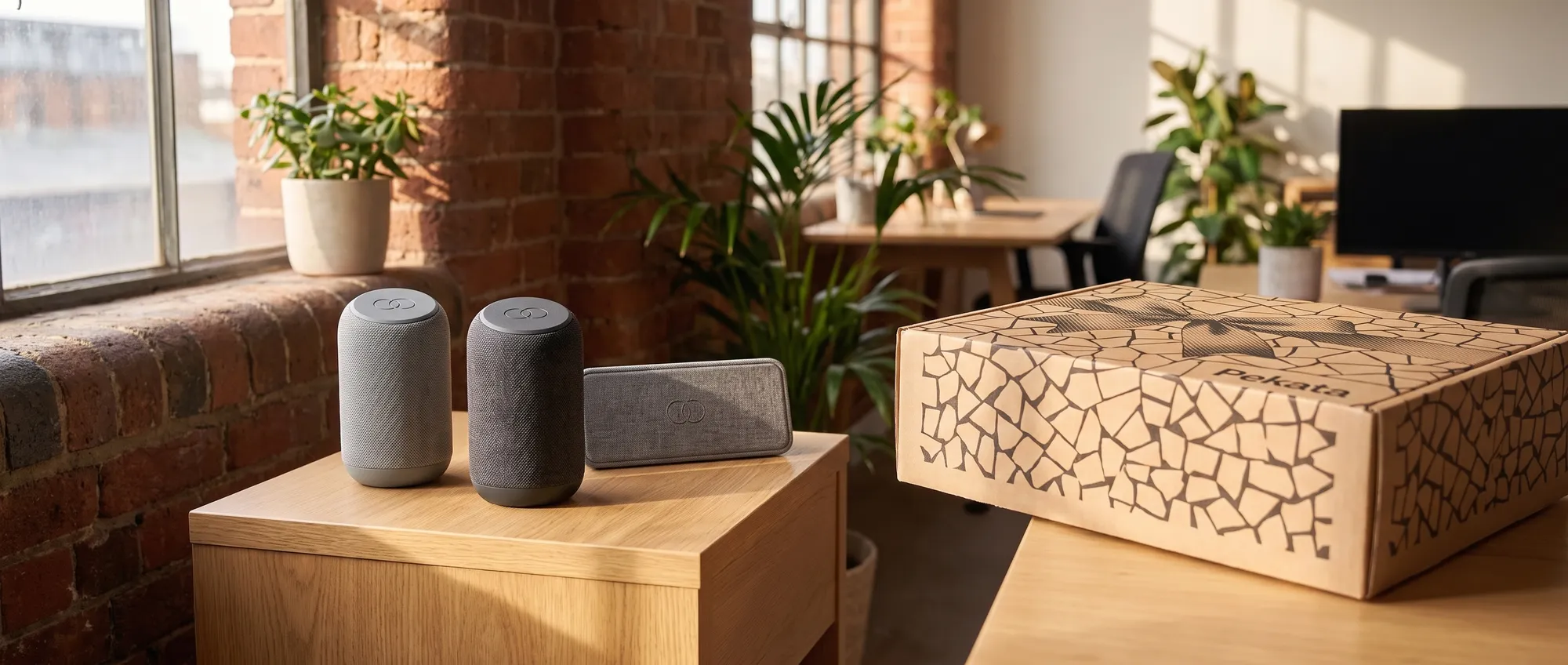 Compact grey fabric Bluetooth speaker with engraved corporate logo on the casing