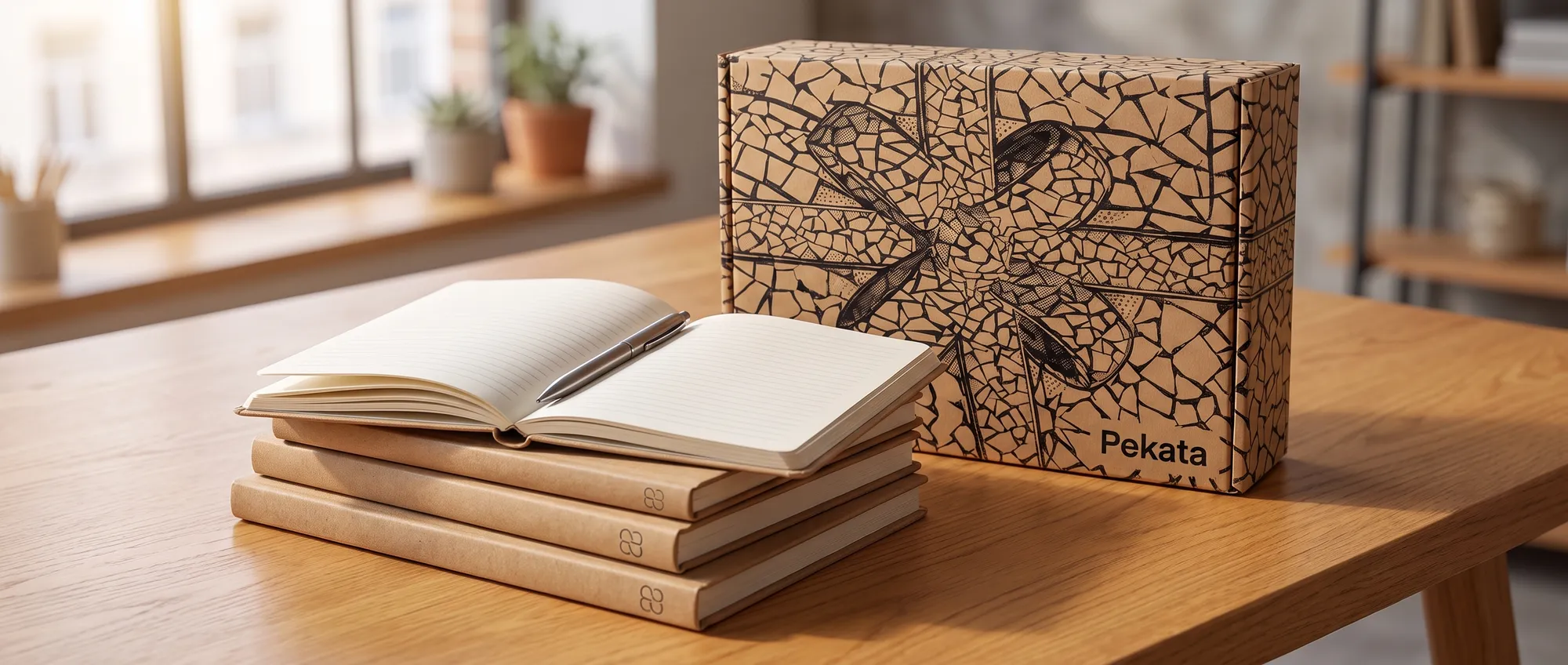 Custom notebooks with corporate logo in A5 and A6 formats on an office desk
