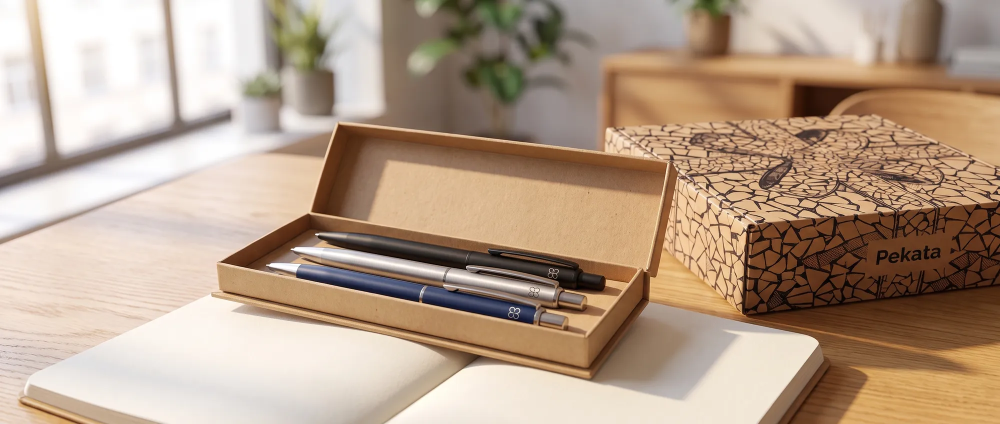 Metal pens with engraved logo in a kraft case on a notebook, with a Pekata box in the background