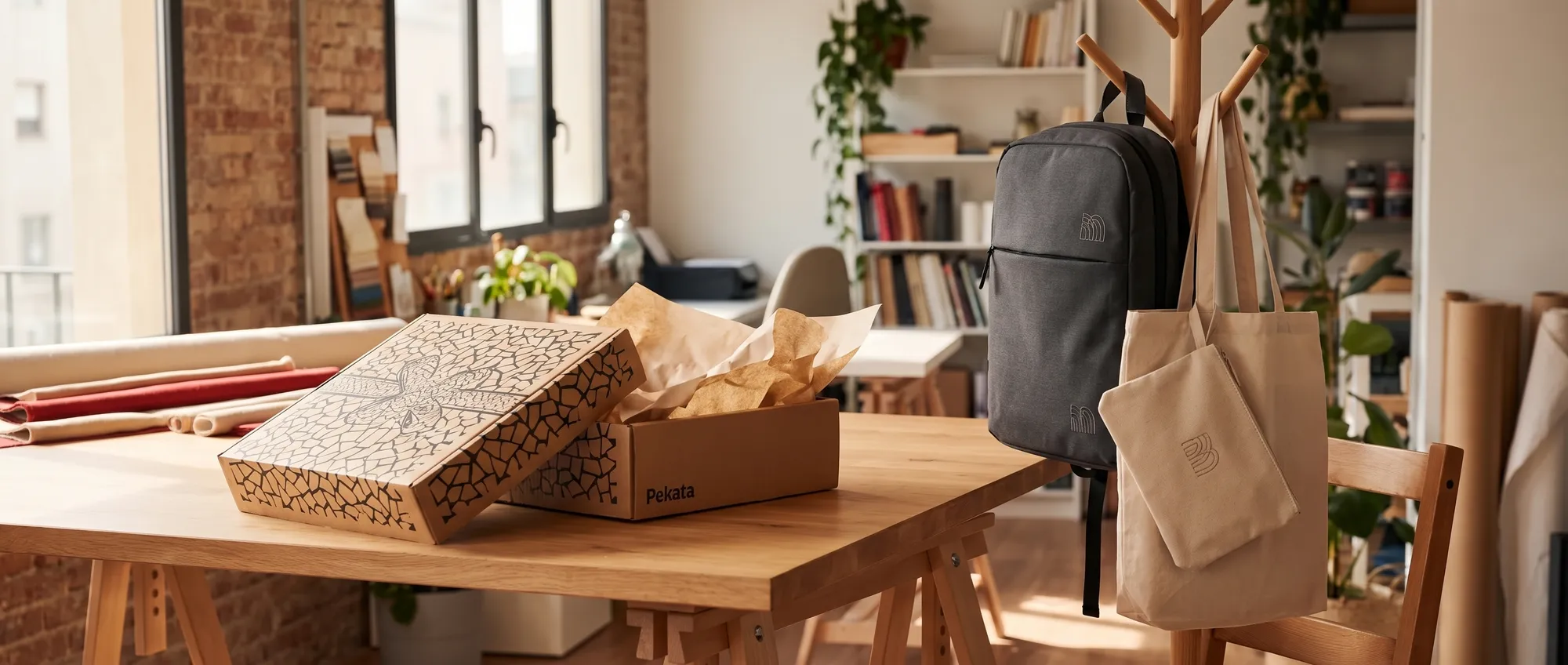 Mochila para portátil, tote bag e nécessaire com o logótipo bordado pendurados num escritório, com uma caixa Pekata sobre a mesa