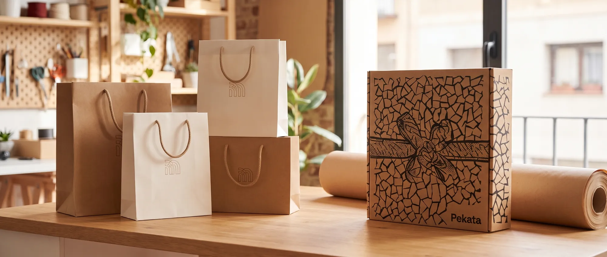 Sacos de papel kraft com alça de cordão personalizados com o logotipo de uma empresa