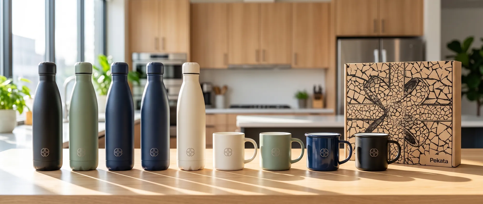 Row of thermal bottles and ceramic mugs with engraved logo on an office kitchen counter, with a Pekata box in the background
