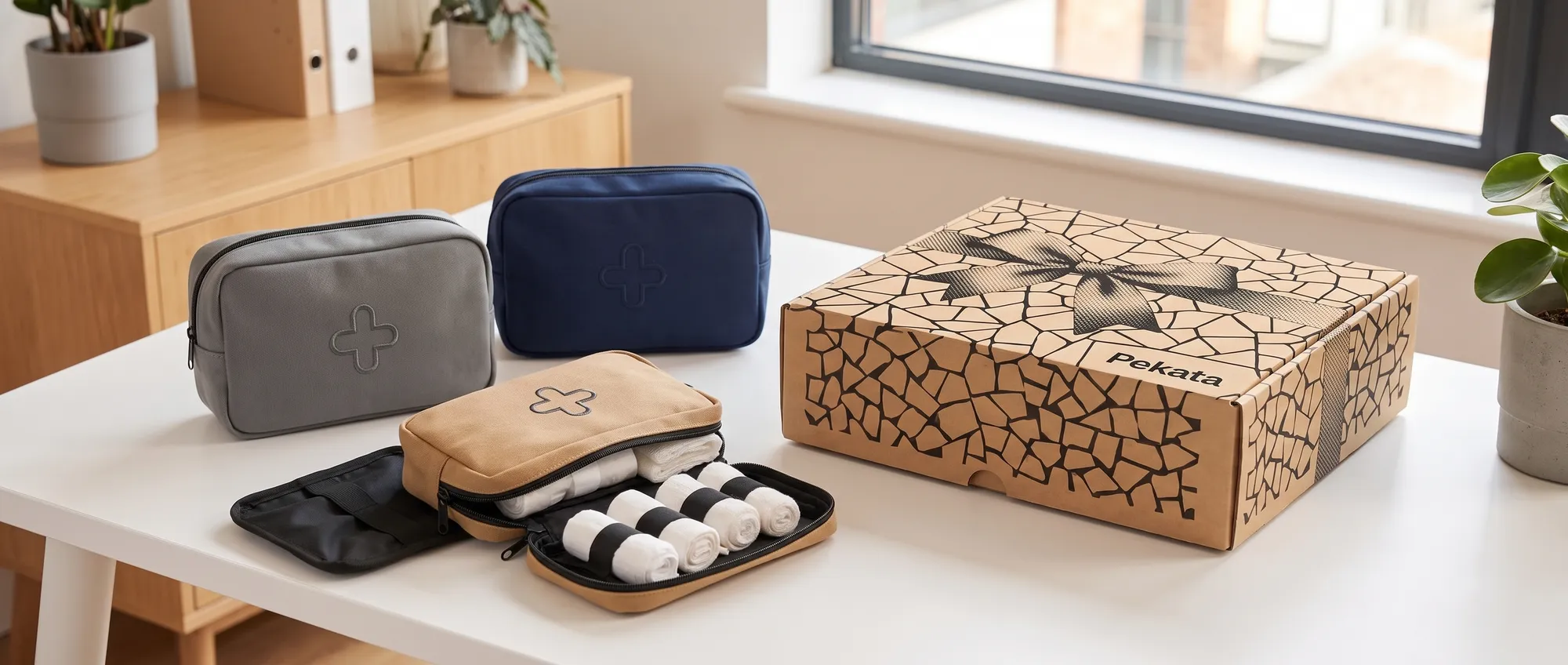 Travel first aid kit in polyester with a company logo printed on the lid, open and with its contents neatly arranged