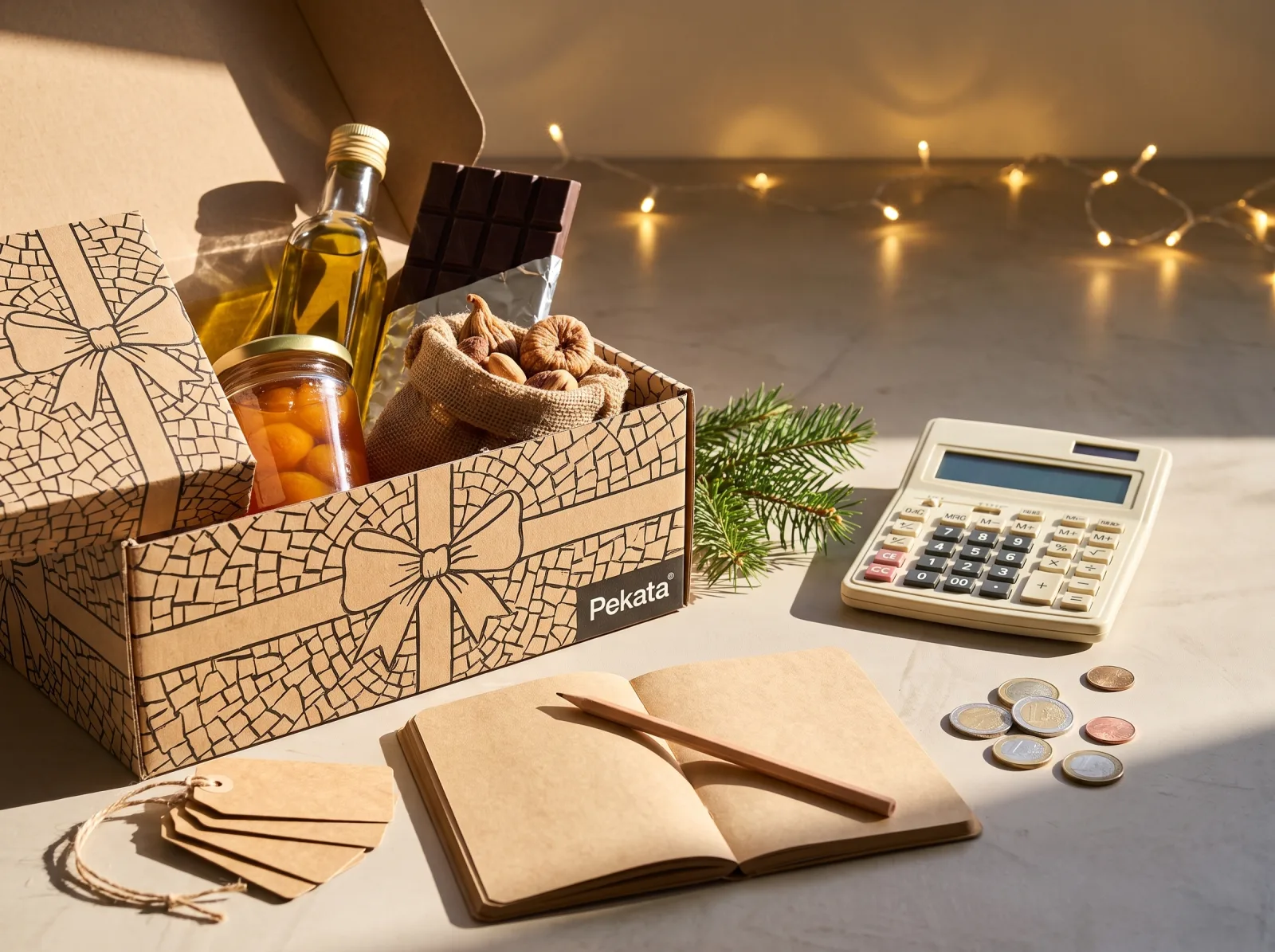 Caixa de cabaz de Natal Pekata aberta ao lado de uma calculadora, um caderno e etiquetas de preço em branco