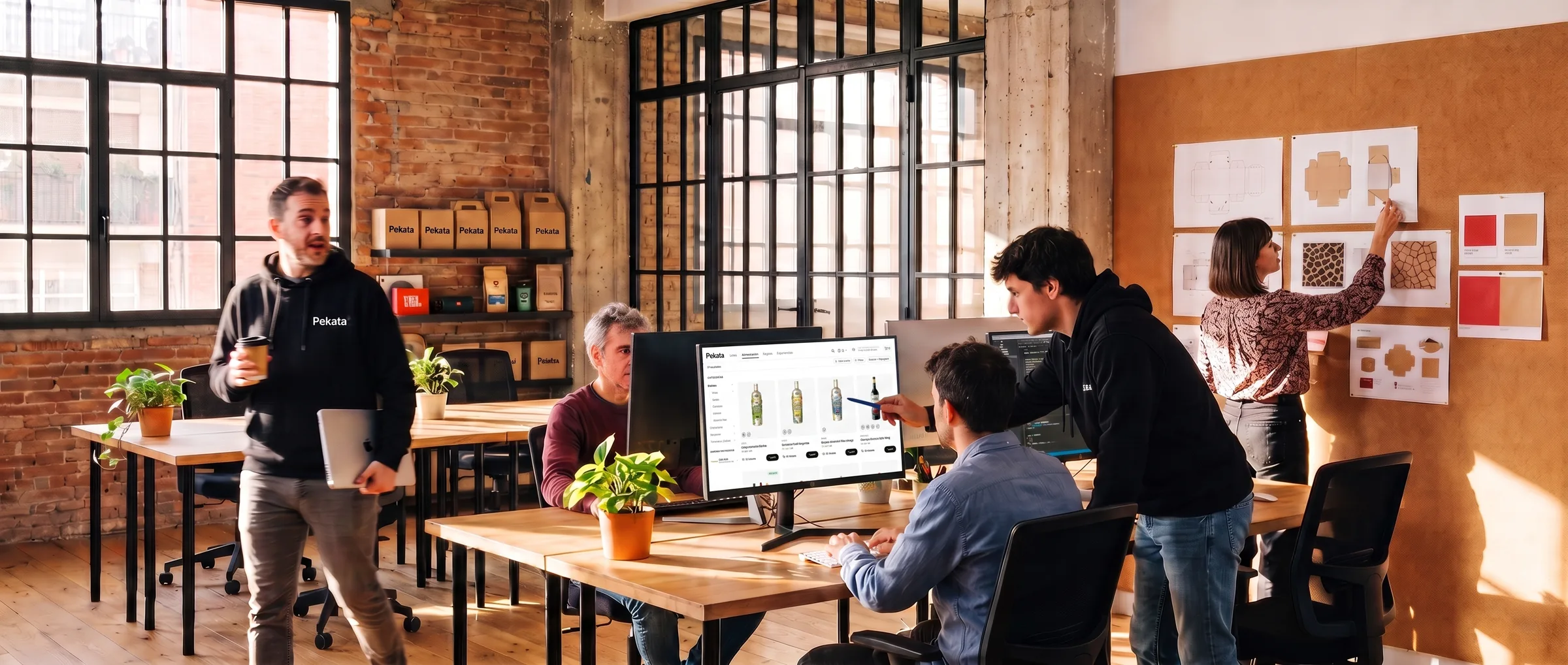The Pekata team working at the office, with the selection portal on screen