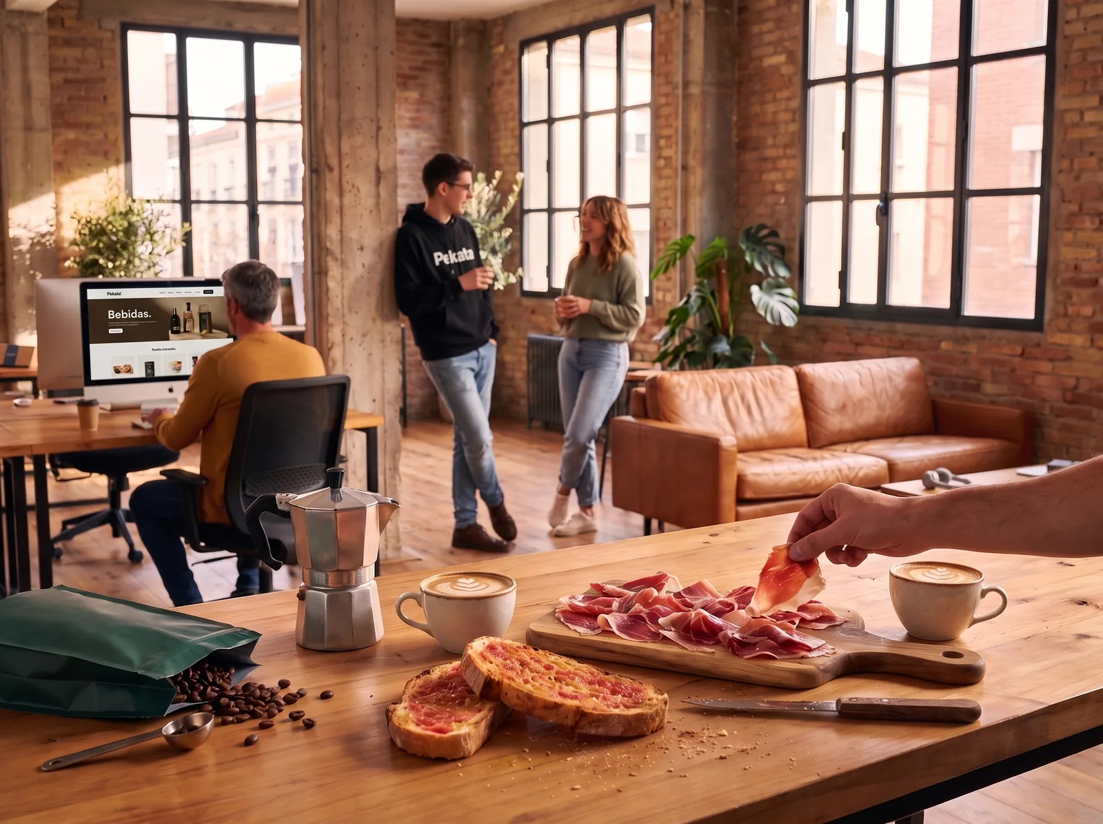 Breakfast of ham, bread with tomato and coffee on the office table, with the Pekata portal on a screen behind