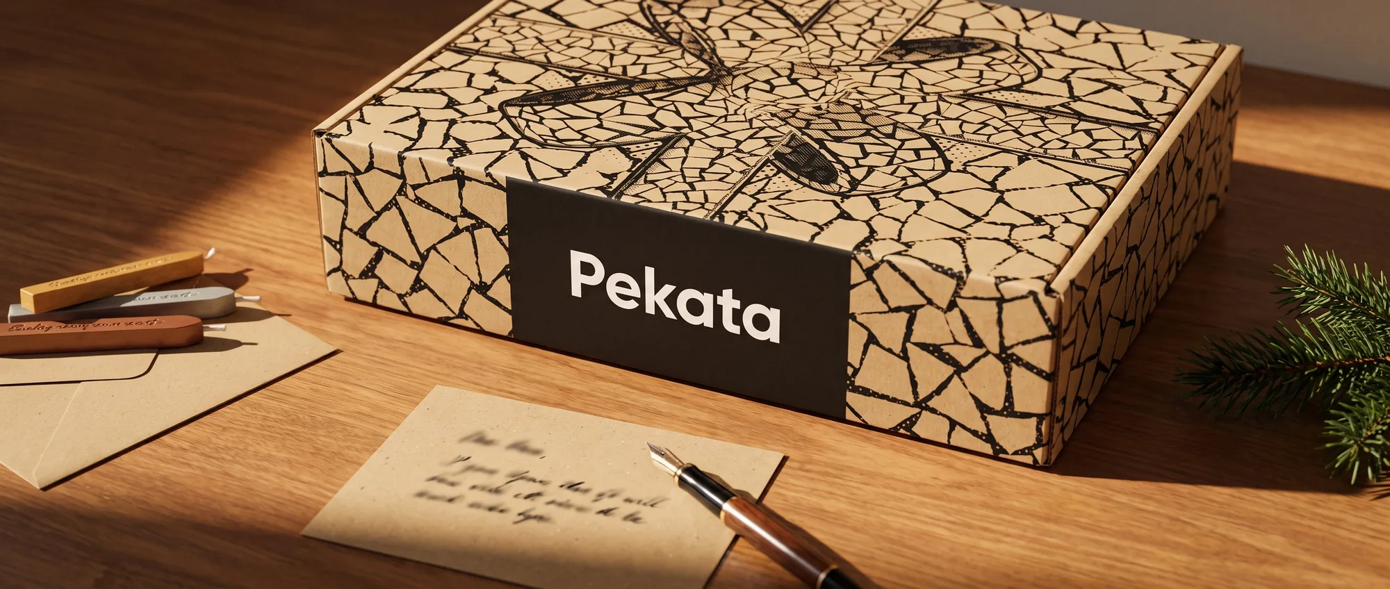 Caneta sobre um cartão kraft junto a um envelope e uma caixa de Natal Pekata com padrão trencadís