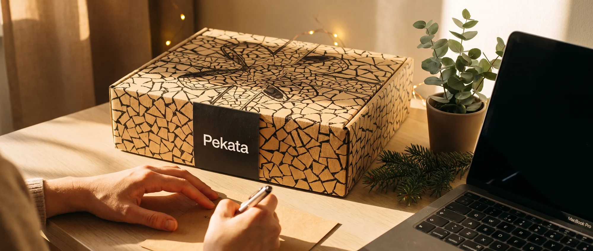Mãos a escrever um cartão kraft junto a uma caixa de Natal Pekata fechada sobre uma secretária de escritório