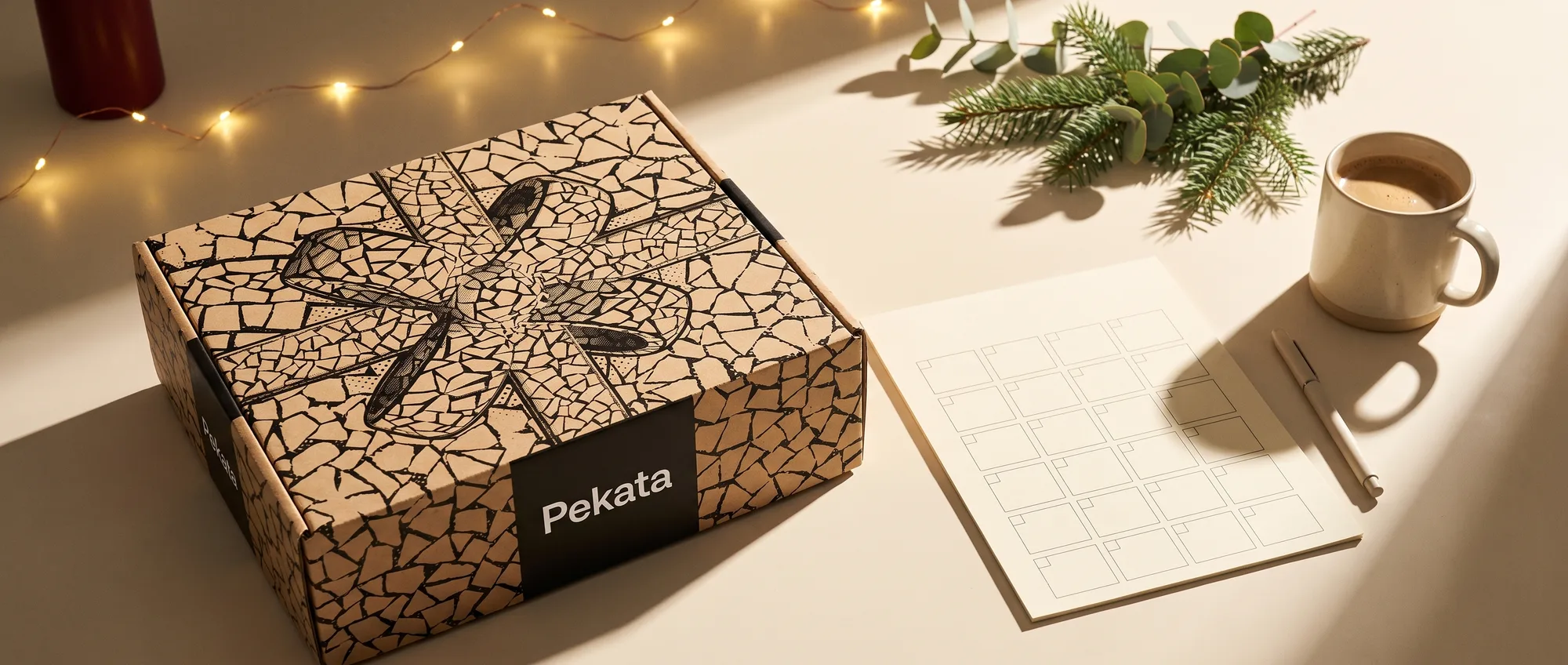 Caixa de Natal Pekata sobre uma secretária junto a um calendário de parede e uma chávena de café