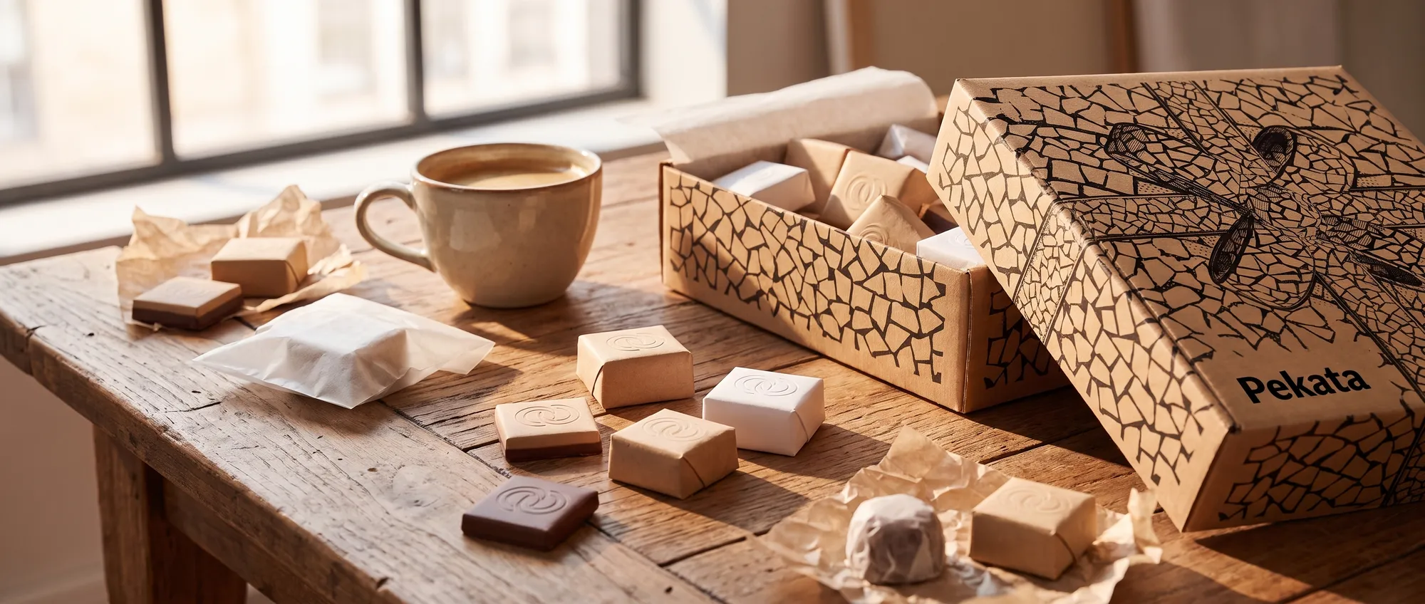 Chocolates e bombons embrulhados em papel kraft com o logo estampado, rebuçados e uma chávena de café ao lado de uma caixa Pekata aberta
