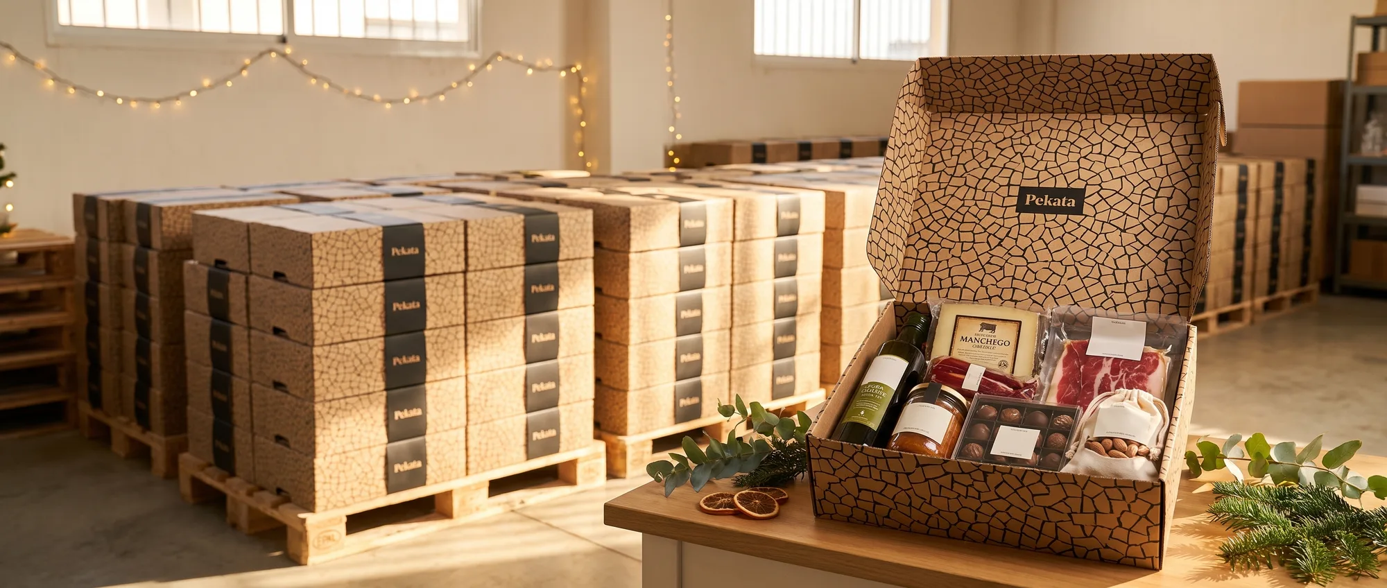 Armazém com paletes de caixas de cabazes de Natal Pekata e uma caixa aberta com vinho, queijo manchego e bombons