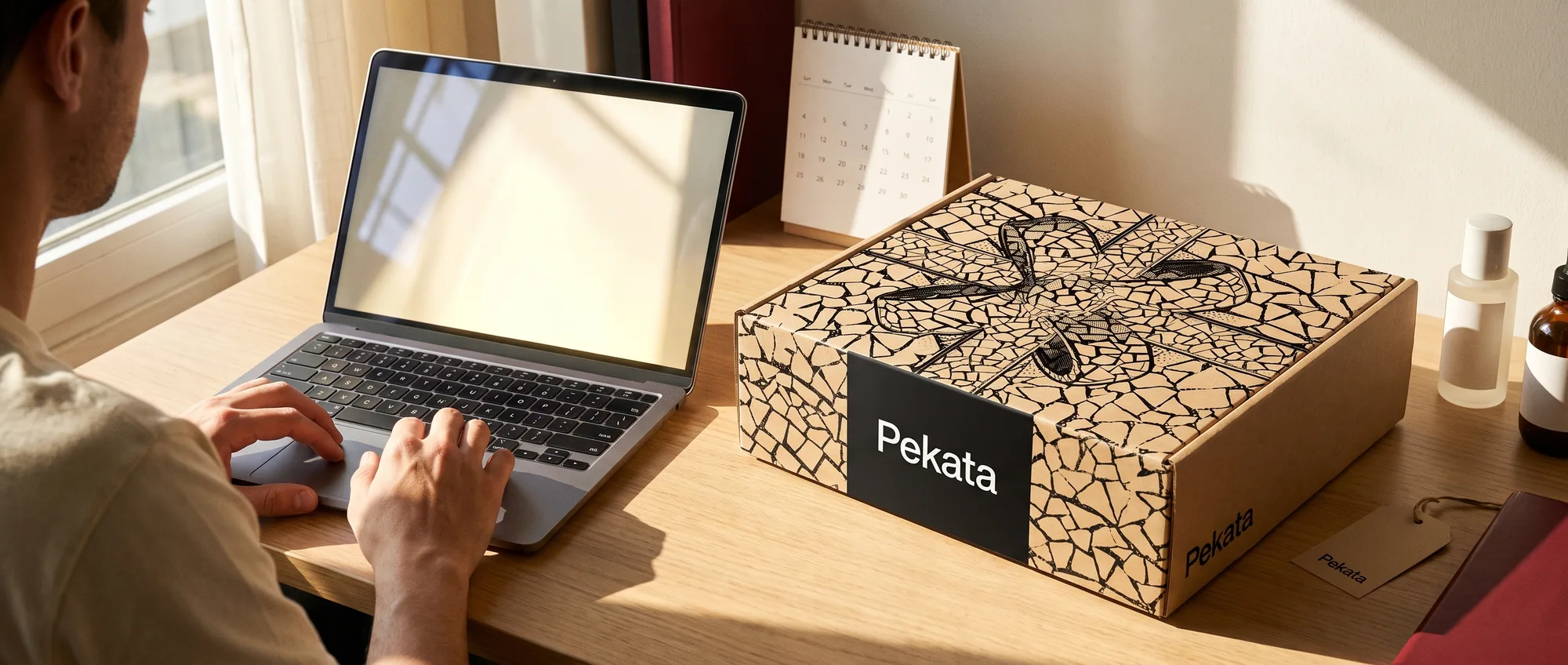 Pessoa a escolher o seu presente no portal de seleção da Pekata num portátil, ao lado de uma caixa Pekata fechada
