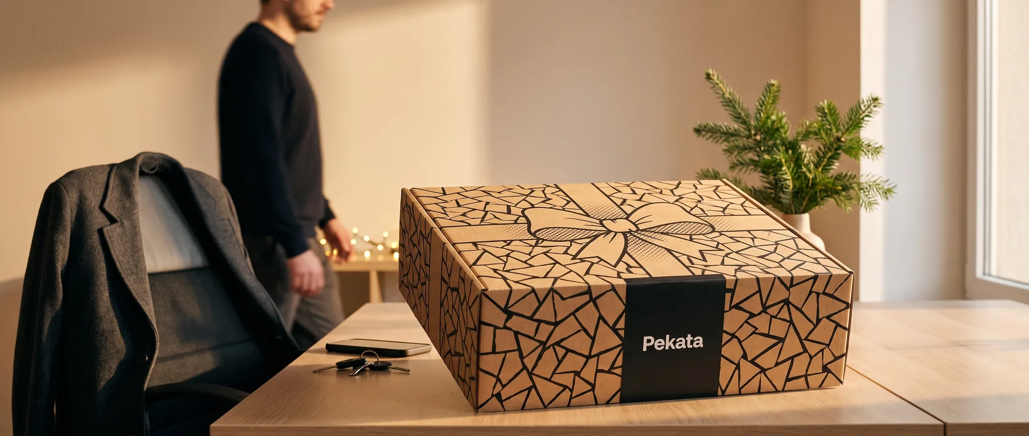Caixa de Natal Pekata kraft com motivo de trencadís sobre uma secretária de escritório com luz de inverno
