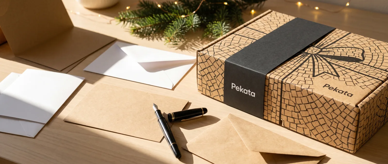 Cartões kraft em branco e uma caneta ao lado de uma caixa de Natal Pekata, prontos para escrever a dedicatória