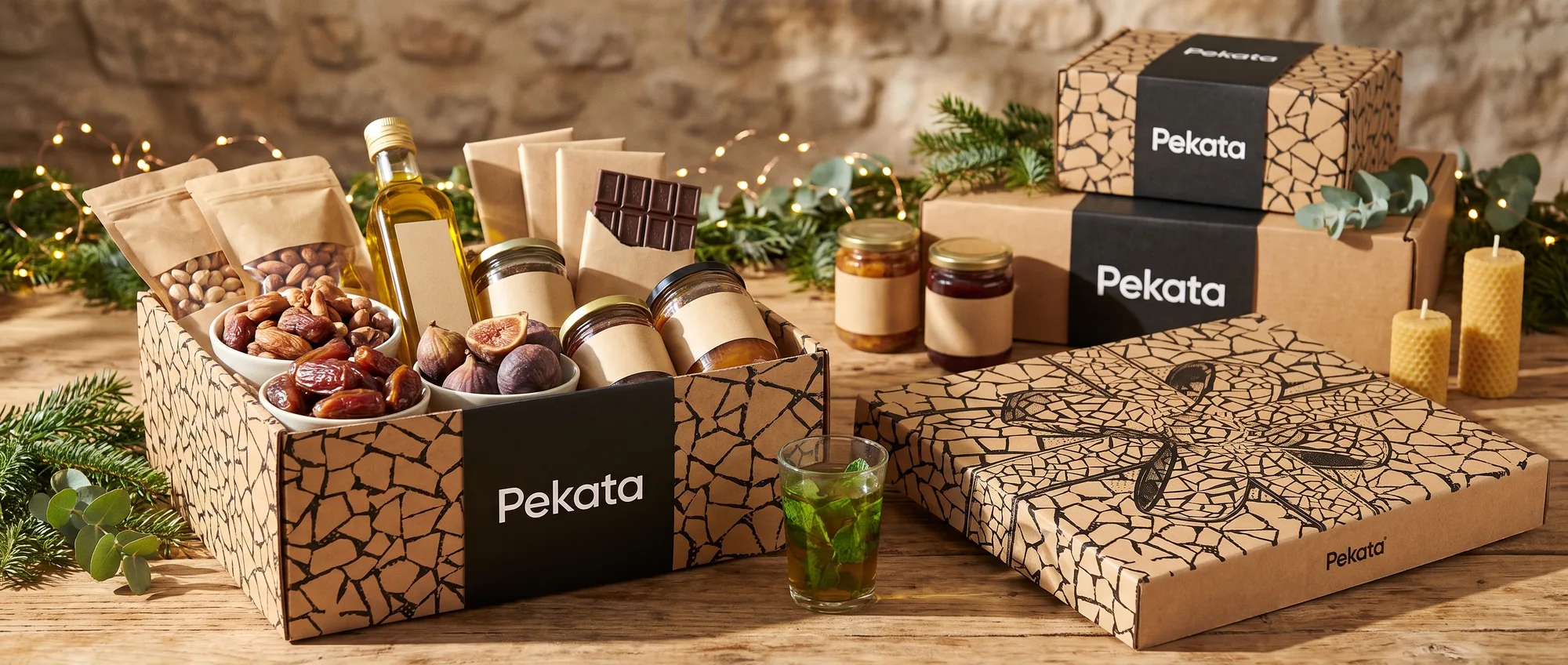Caixa de cabaz de Natal Pekata em cartão kraft com estampado trencadís, aberta com produtos gourmet aptos sob uma luz quente
