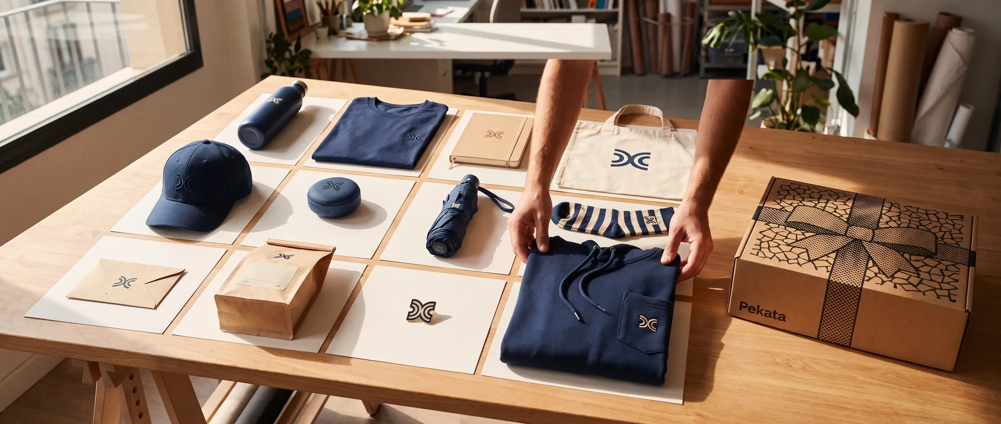 Mood board of merchandising ideas on a table: bottle, t-shirt, notebook, tote bag, cap and other items with the same logo