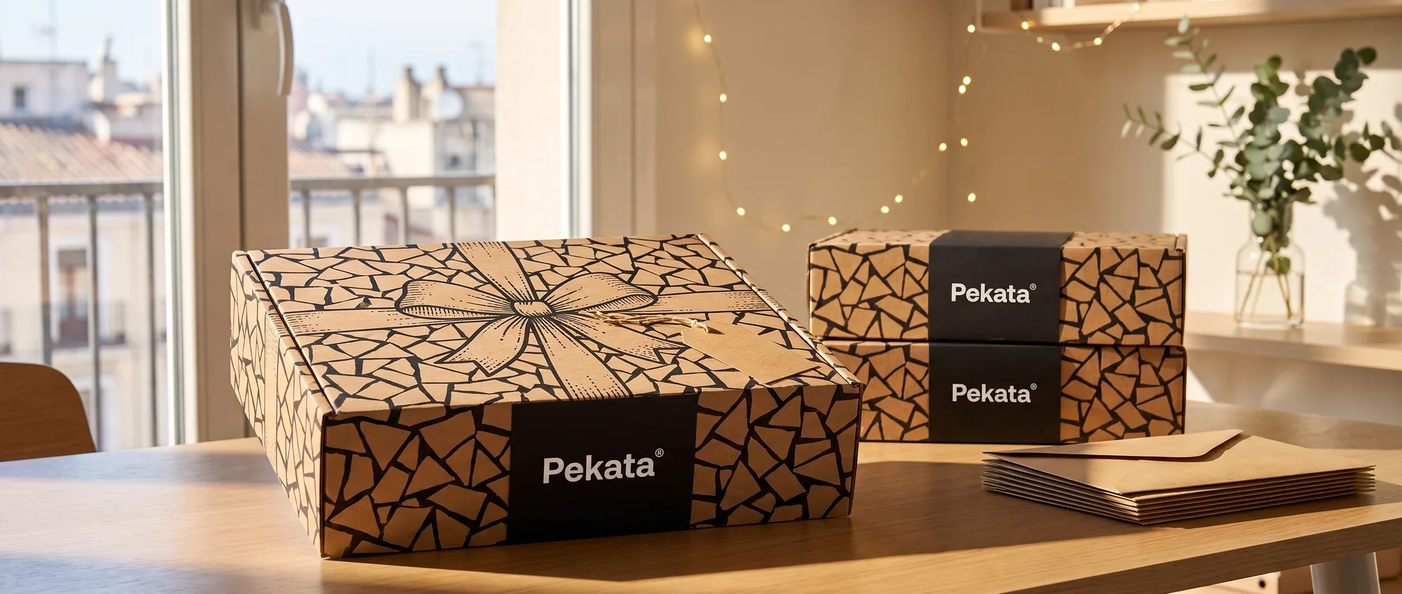 Caixa de Natal Pekata kraft com motivo de trencadís ao lado de uma pilha de envelopes kraft e uma etiqueta de envio em branco