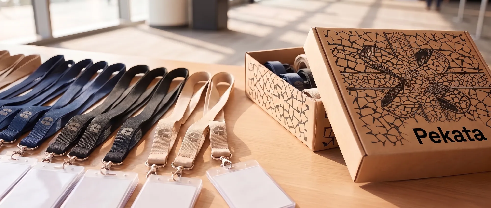 Fabric lanyards with woven logo and white badge holders on a conference registration table, next to a Pekata box