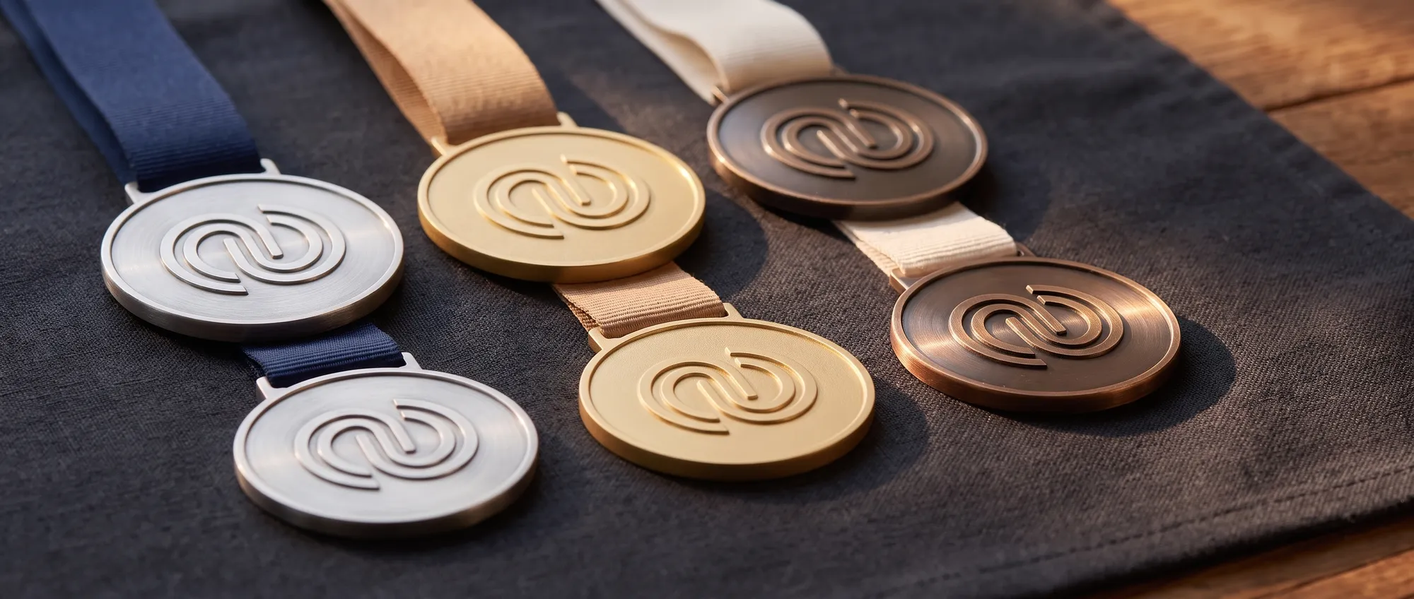 Medalhas de zamak, metacrilato e madeira personalizadas com o logotipo de uma empresa e fita sublimada