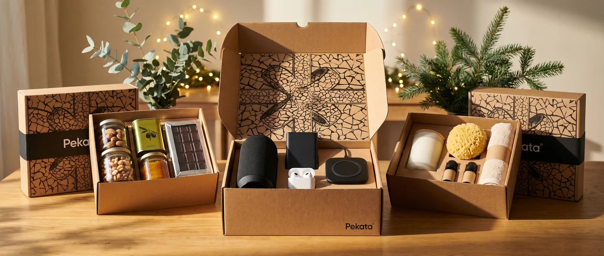 Three open Pekata Christmas boxes with different contents lined up on a wooden table