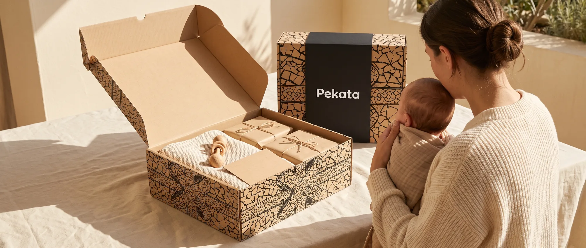 Caixa Pekata aberta com uma manta de malha, um brinquedo de madeira e um cartão kraft sobre uma superfície de linho