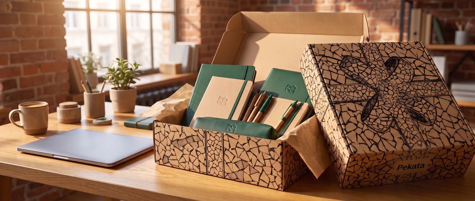 Customised notebooks, pens and planner with the logo engraved on a desk, next to an open Pekata box
