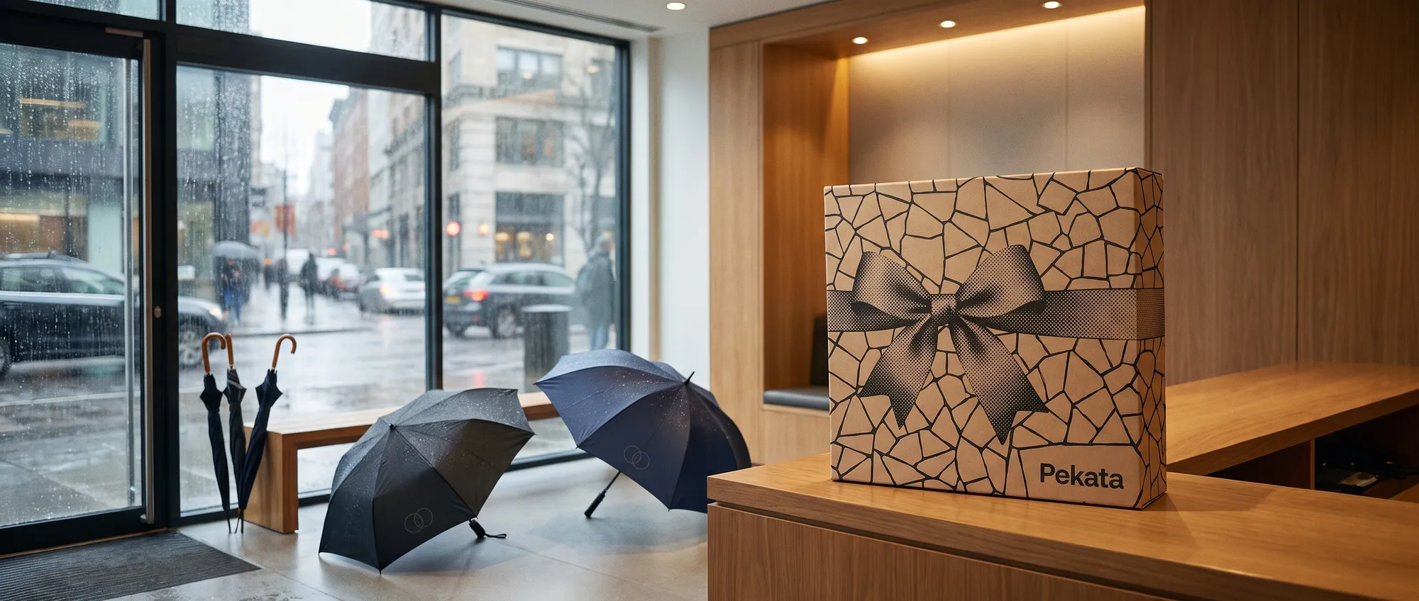 Chapa dobrável e chapa de golfe abertas com o logotipo num painel, na entrada de um escritório num dia de chuva, com uma caixa Pekata na receção