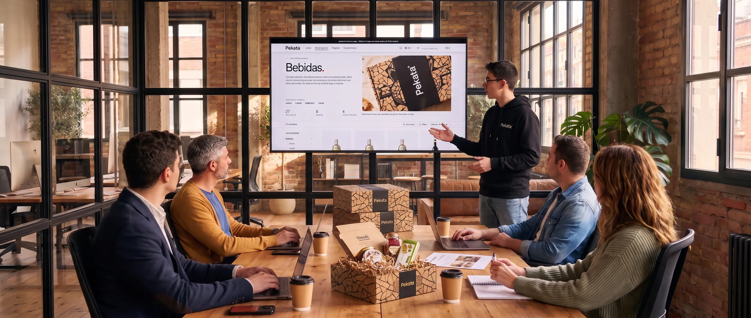 Presenting the Pekata gifting portal to a team in a meeting room