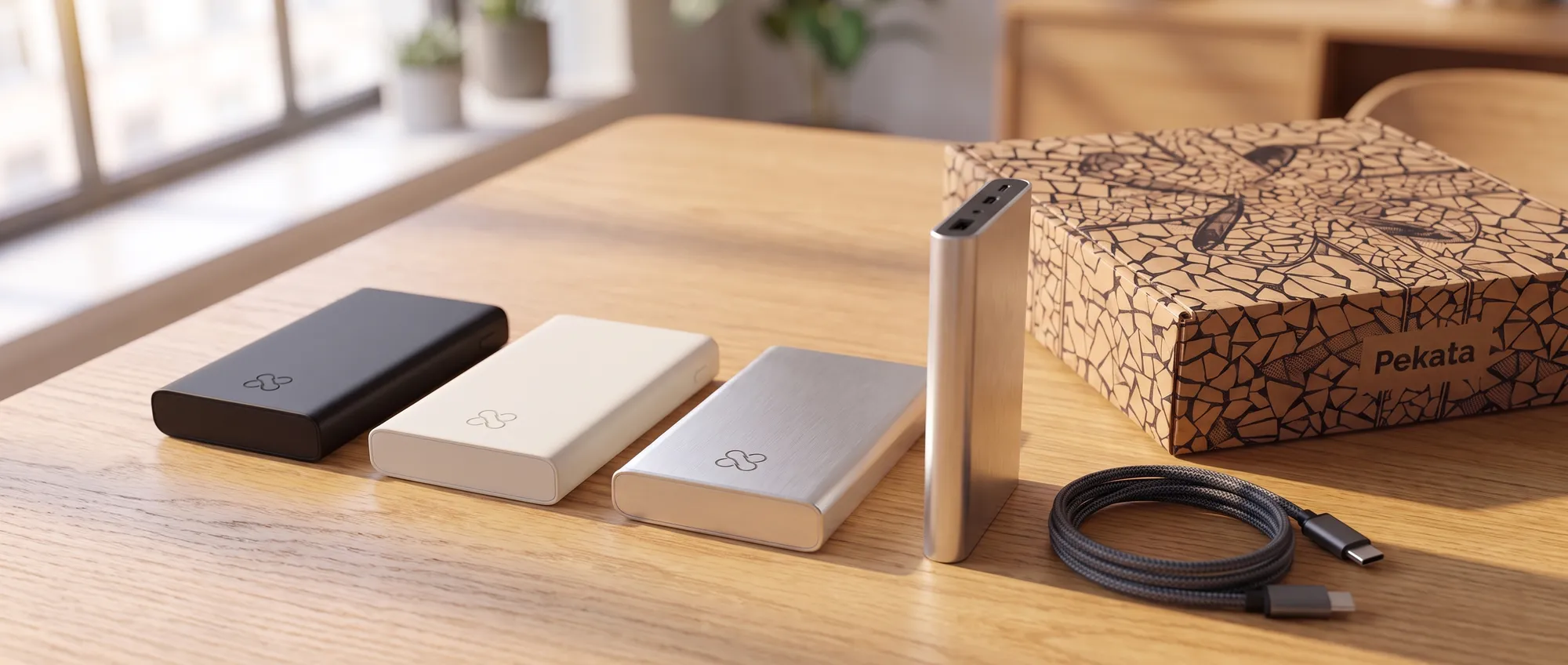Power bank de alumínio com logótipo corporativo gravado, junto ao seu cabo USB-C