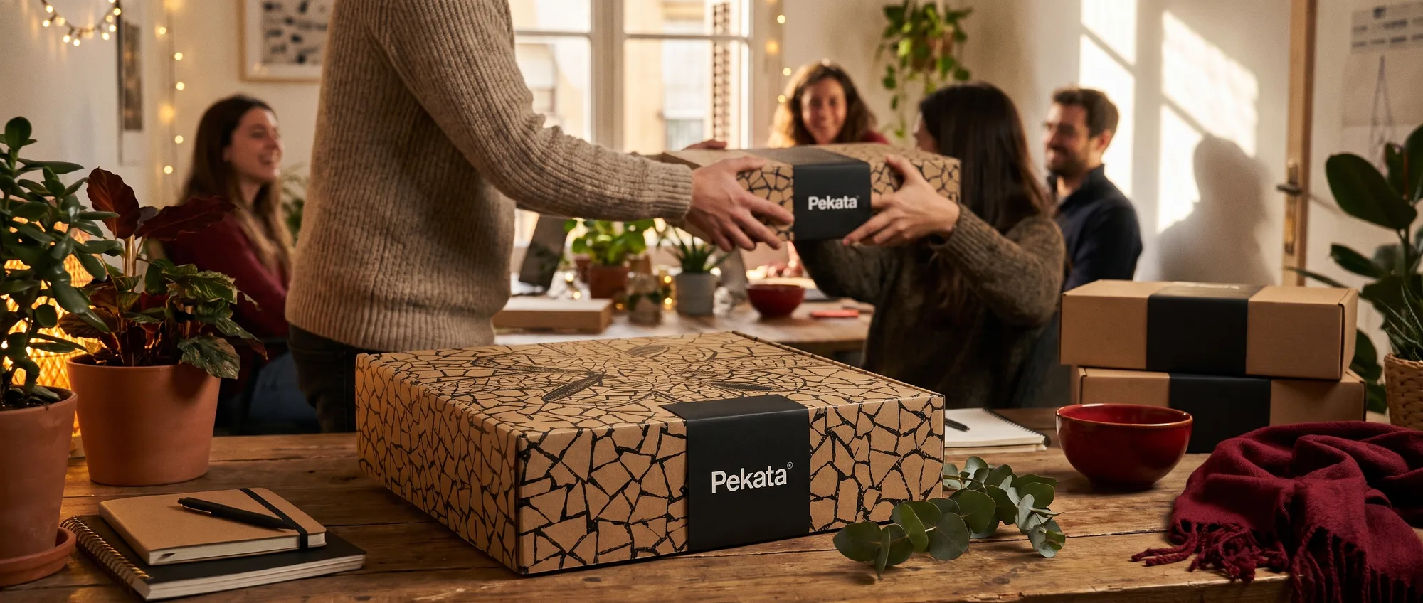 Colegas de uma pequena empresa a trocar caixas de Natal Pekata num escritório acolhedor