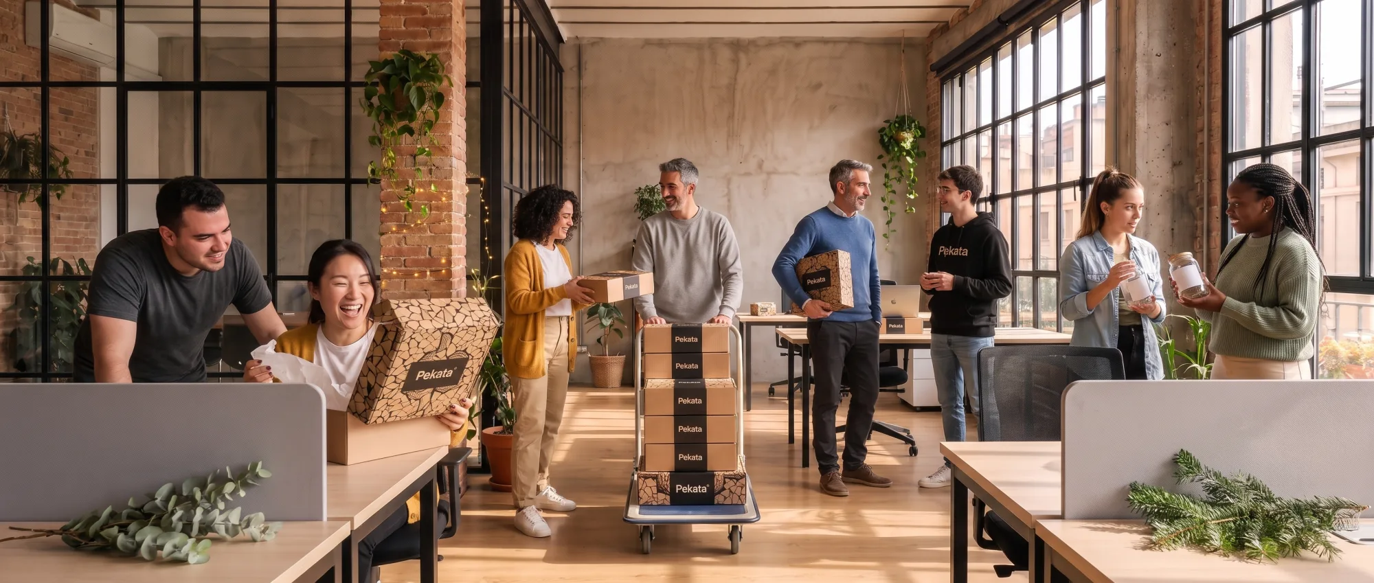 Colaboradores a receber caixas de presente Pekata num escritório moderno