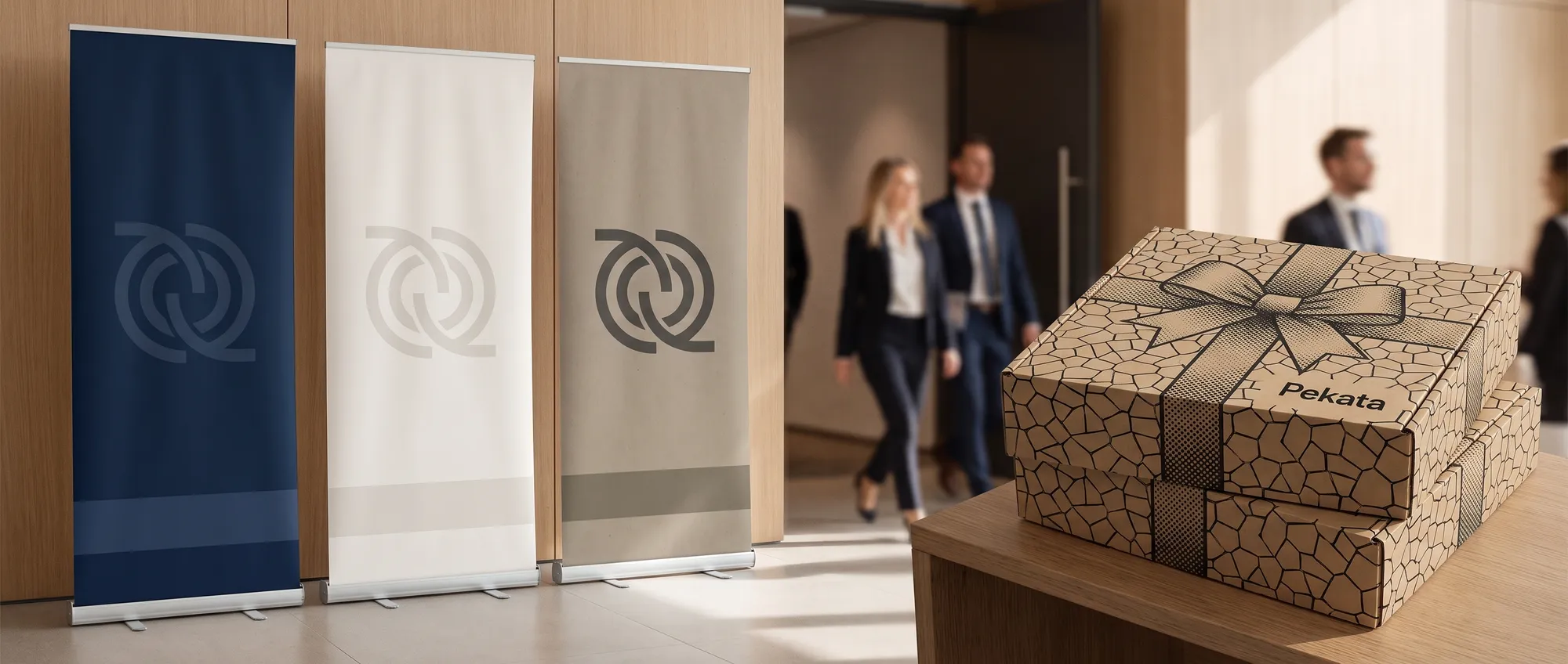 Roll up personalizado de 85x200 cm com o logotipo de uma empresa, junto a um balcão de feira