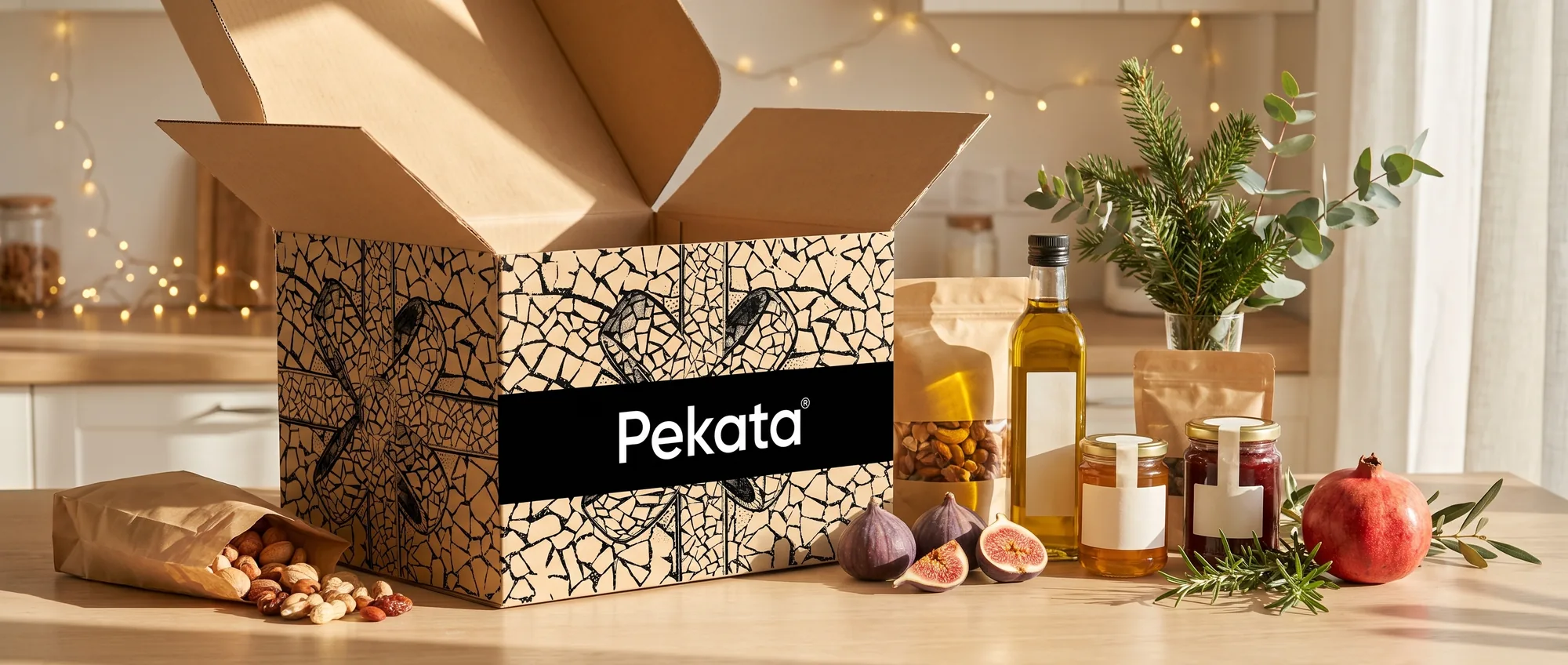 Caixa de cabaz de Natal Pekata aberta com frutos secos, azeite virgem extra e conservas sobre uma mesa clara