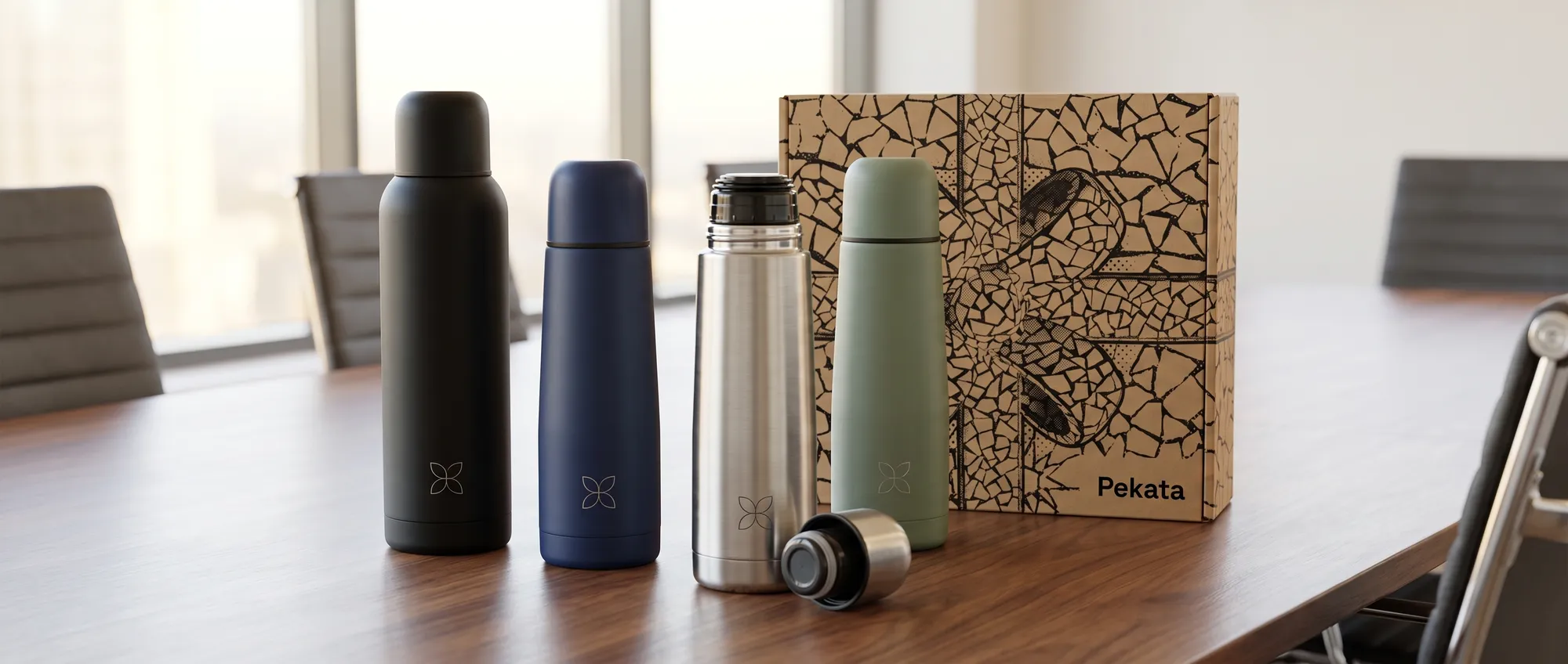 Termo de aço inoxidável cinza mate com logotipo corporativo gravado a laser