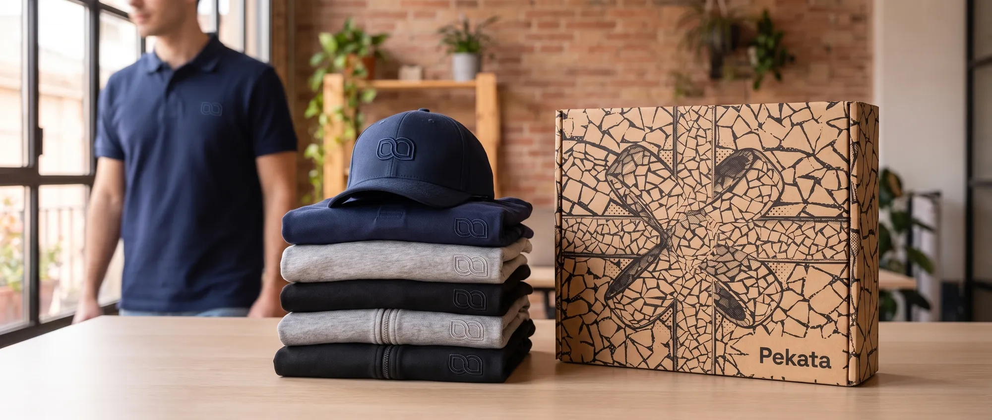 Stack of corporate t-shirts, polos, and sweatshirts with embroidered logo next to a Pekata box