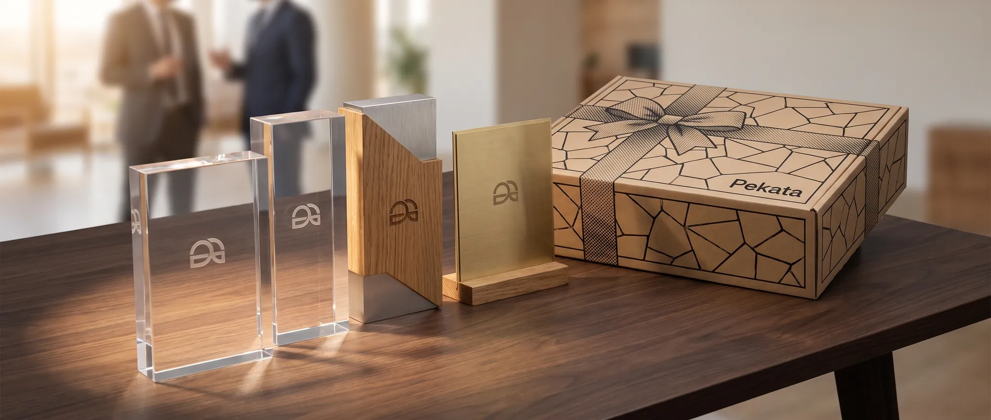Custom trophies for businesses in engraved acrylic and crystal with a company logo