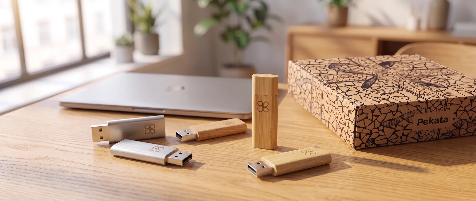 Custom metal and bamboo USB drives with a company's engraved logo