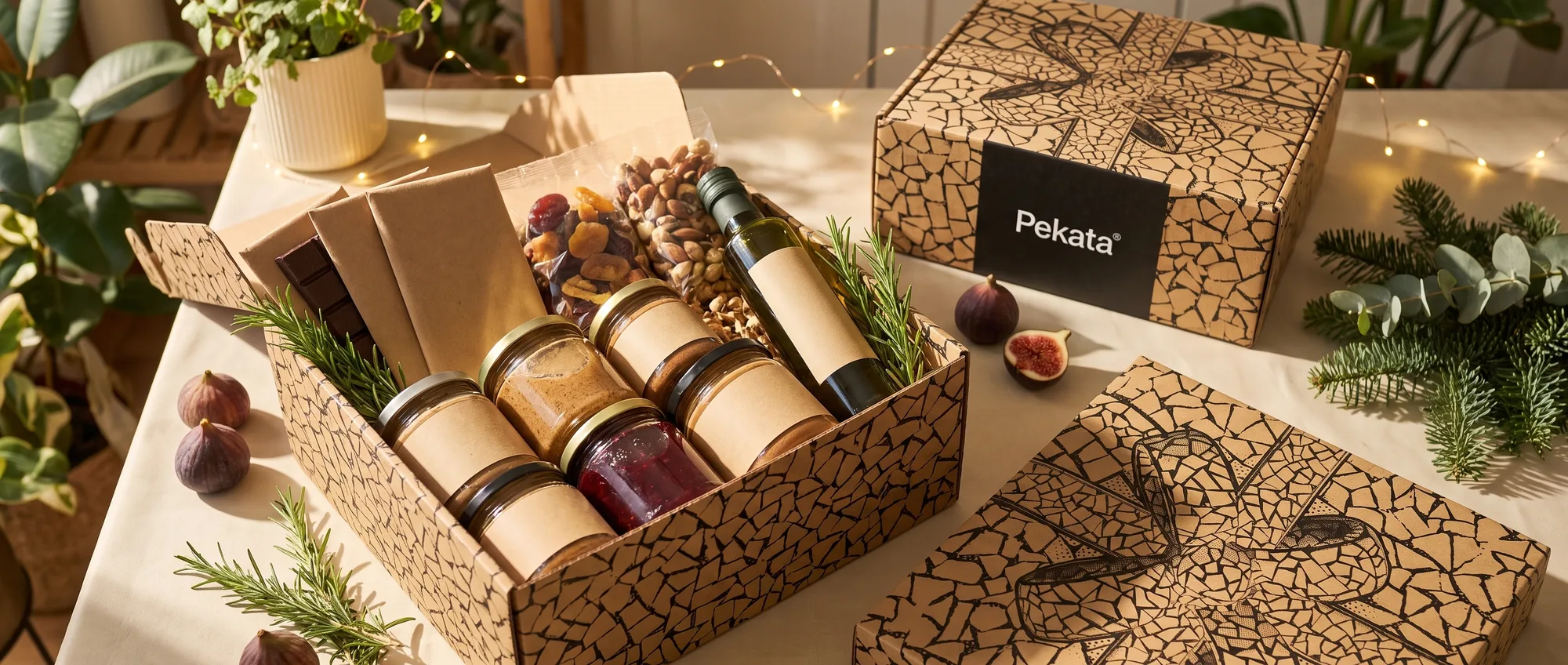 Caixa de cabaz de Natal Pekata aberta com conservas, chocolate e azeite de origem vegetal sobre uma mesa clara