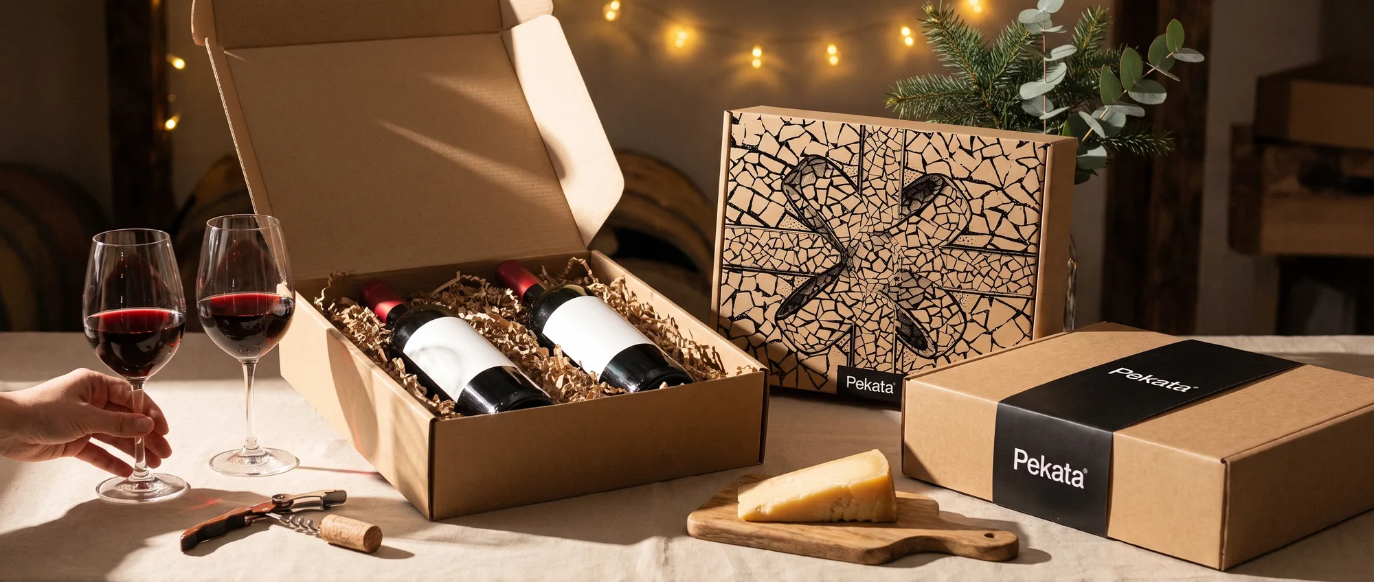 Caixa de cabaz de Natal Pekata aberta com duas garrafas de vinho, copos e uma tábua de queijo sobre uma mesa de madeira
